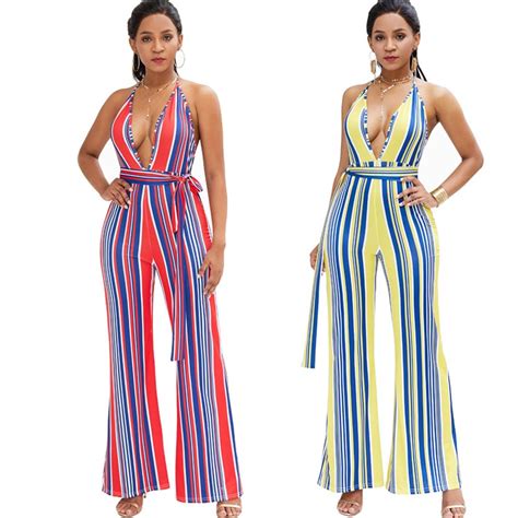 Summer New Bodycon Sexy Deep V Neck Strappy Sleeveless Halter Backless Stripe Jumpsuits Women