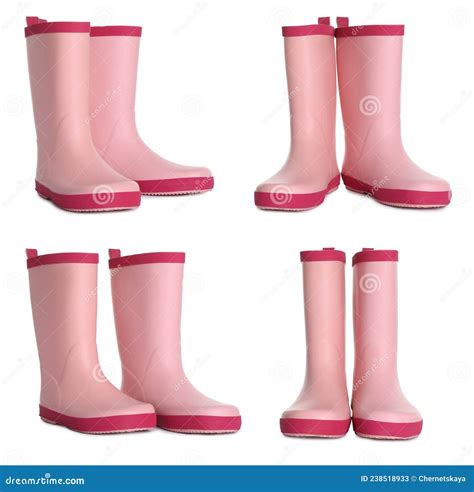 Set With Pink Rubber Boots On White Background Stock Image Image Of