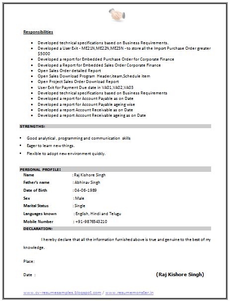 The resume declaration line is used to prove that you are not a fraud. CV Format For a SAP Consultant (2) | Resume examples, Cv ...