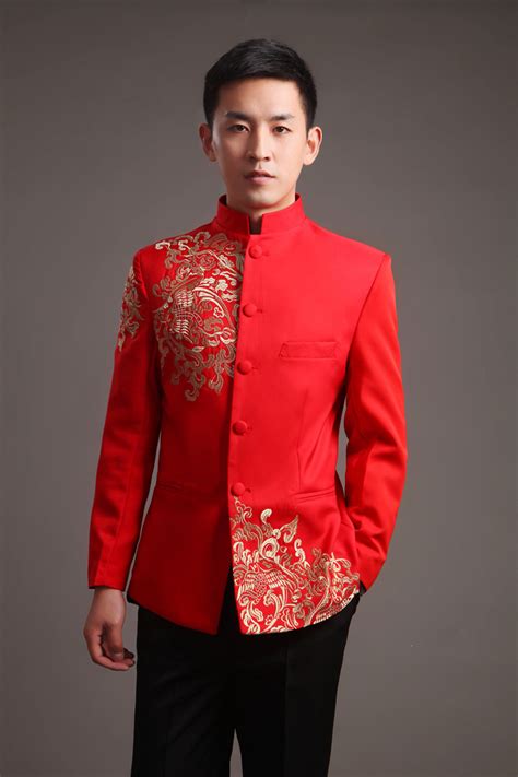 Modern Cheongsam Top Vestido Oriental Traditional Groom Qipao Red Embroidery Chinese Clothes Men