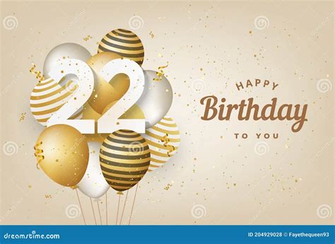 Happy 22th Birthday With Gold Balloons Greeting Card Background Stock