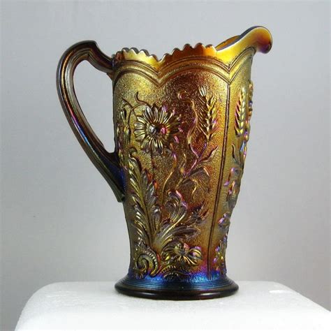 Antique Imperial Amber Fieldflower Carnival Glass Water Pitcher