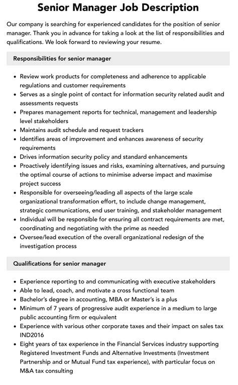 Senior Manager Job Description Velvet Jobs