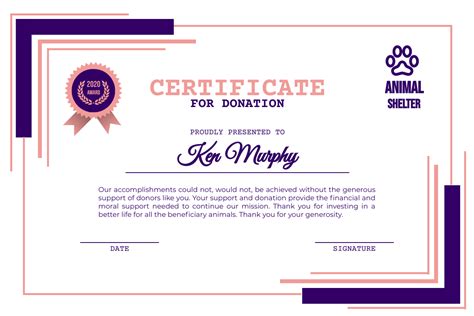 Pink And Purple Certificate For Donation Certificate Template
