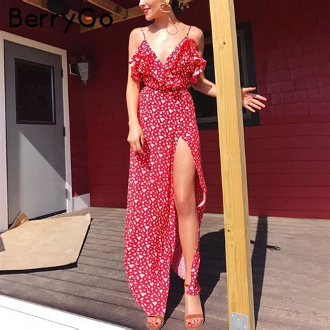 Berrygo Sexy Backless Ruffle Summer Dress Women V Neck Split Print Strap Maxi Dress Vestidos