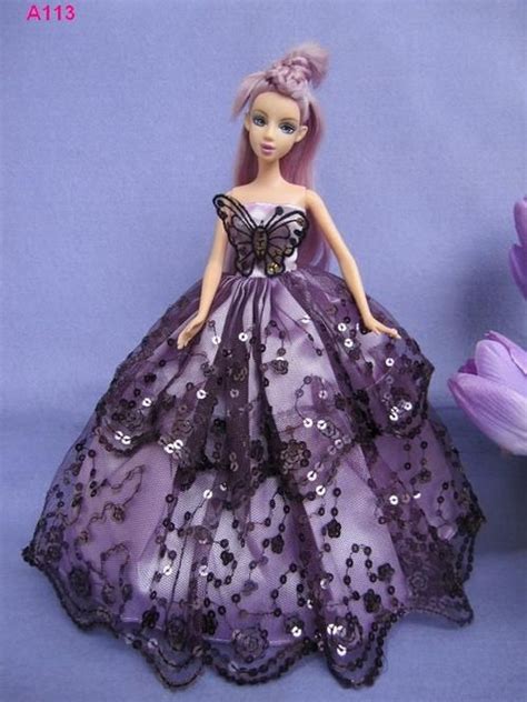 Purple Sequenced Barbie Doll Ball Gown Dress With Butterfly Decoration