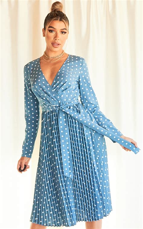 Blue Polka Dot Long Sleeve Pleated Midi Dress Prettylittlething Usa
