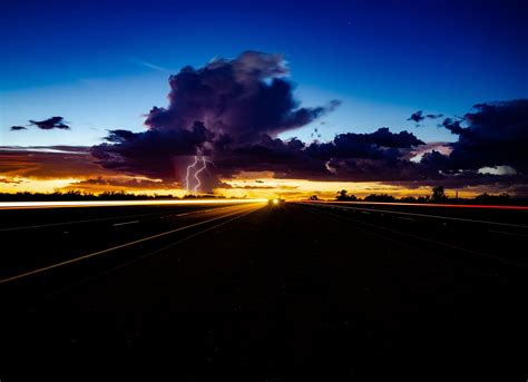 Wallpaper Lightning Thunderstorm Overcast Road Night Traffic Hd