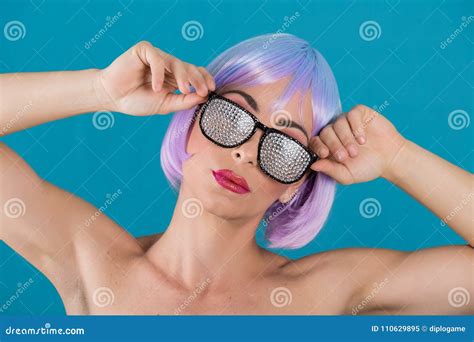 Woman With Purple Hair In Glamour Glasses Stock Image Image Of Horizontal Elegance 110629895