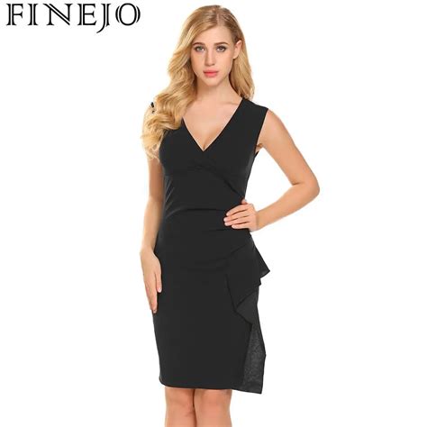 FINEJO Pencil Dress Women Summer 2018 Sexy Party Solid Fashion V Neck