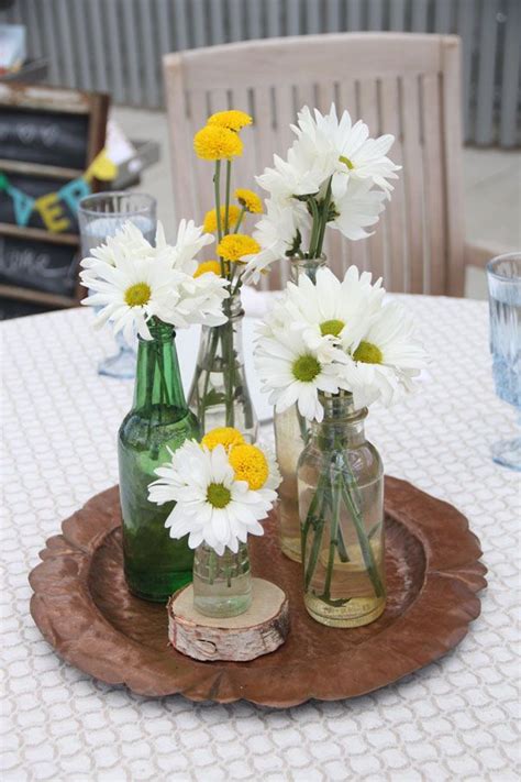 Daisies Mums Assorted Bottles Centerpiece Daisy Wedding