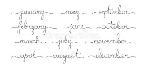 Months Names Line Cursive Calligraphy Set Calendar Continuous