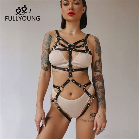 Fullyoung Full Body Leather Harness Set With Wrist Restraints Sexy Chest Harness Bondage Gothic