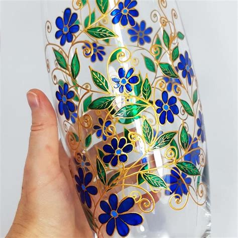 Flowers Big Vase For Women Garden Painted Glass Vase Blue Etsy Painted Glass Vases Glass
