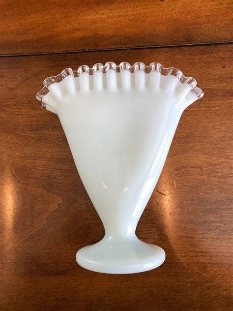 Fenton White Milk Glass And Clear Ruffled Fan Vase Etsy