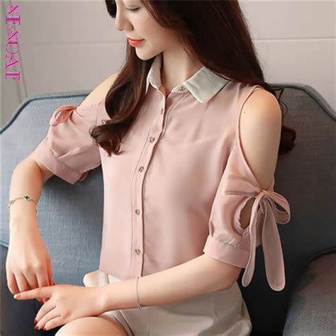 Sesoaf Bare Shouldered Chiffon Blouses Women 2018 Summer Tops Pink Bow