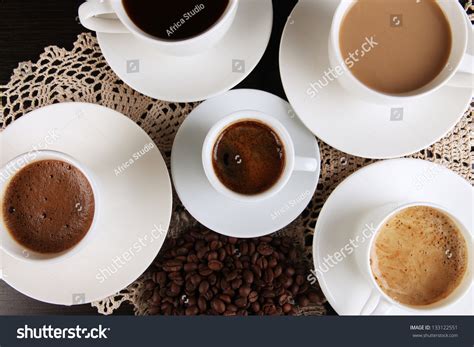 Assortment Of Different Hot Coffee Drinks Close Up Stock Photo