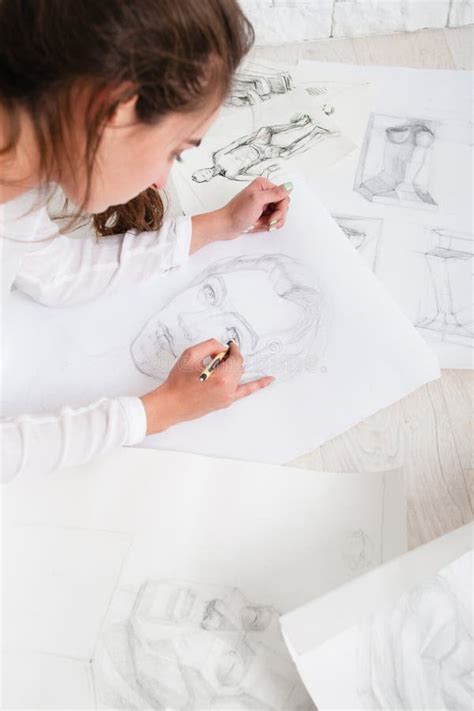 Pencil Portrait In Artist Hands Against Wall Stock Image Image Of