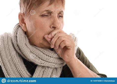 Elderly Woman Suffering From Cough On White Stock Photo Image Of