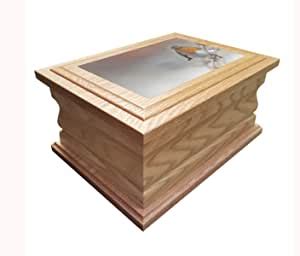 Wooden Oak Cremation Urn Ashes Casket Beautiful Robin Design Personalised Oak Human Adult