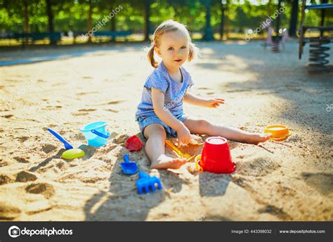 Adorable Little Girl Having Fun Playground Sandpit Toddler Playing Sand
