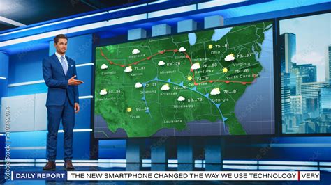 tv weather forecast program professional television host reviewing weather report in newsroom
