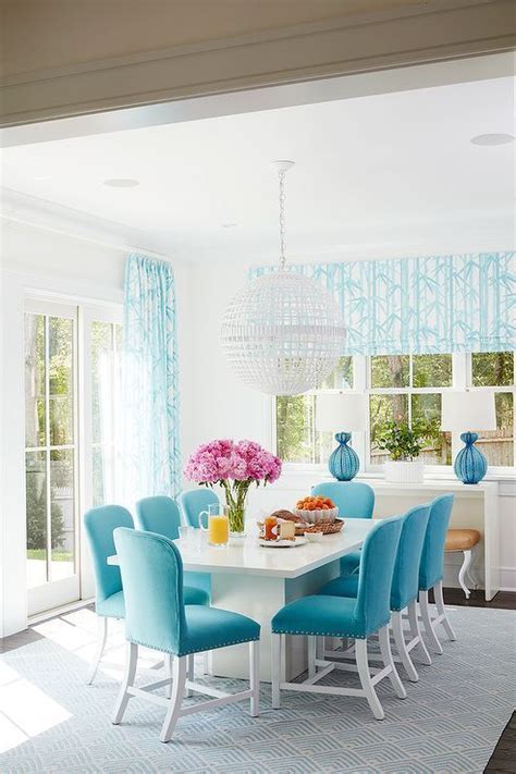 Dining Room In Aqua And White With Drapes And Double Wide Roman Shade