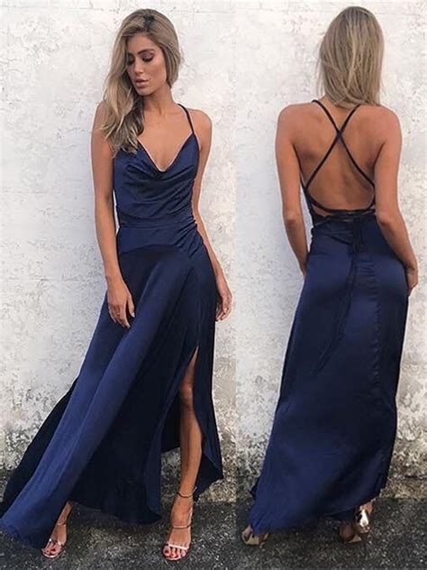 a line navy blue backless prom dress with slit navy blue backless formal dress backless