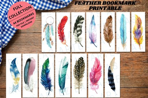 Printable Feather Bookmarks Set Of Watercolor Feather Etsy