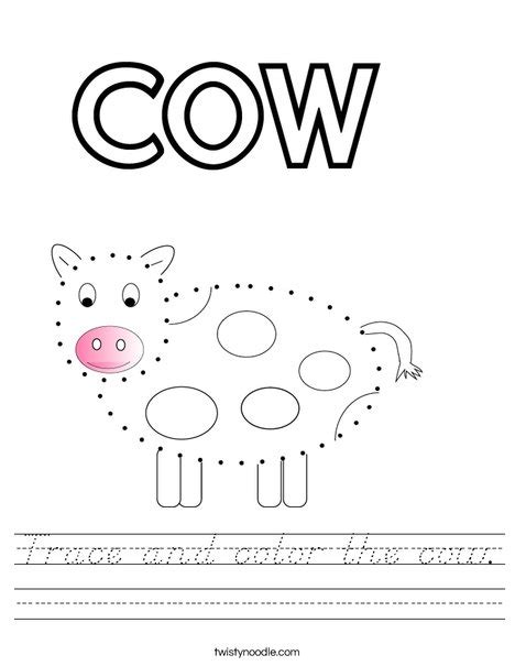 Trace And Color The Cow Worksheet Dnealian Twisty Noodle