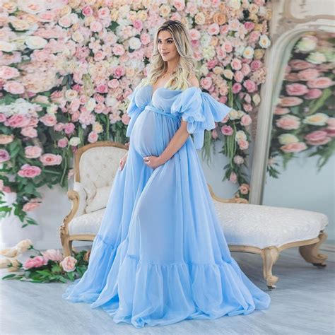 Real Photo Sky Blue Maternity Dresses Customized Off The Shoulder