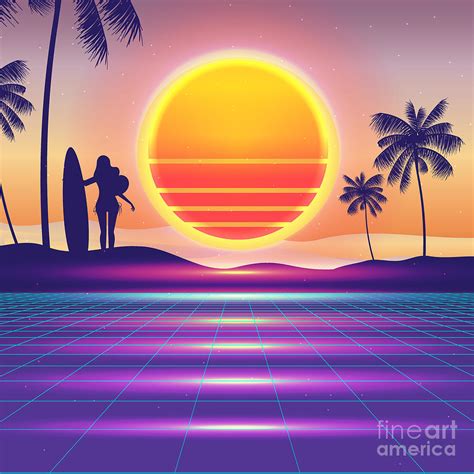 Beach Sunset Surfing Retrowave Digital Art By Ez Manuel Pixels