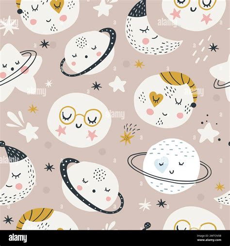 Cute Baby Planets And Stars Of Solar System Seamless Pattern Colored