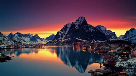 Lofoten Norway Mountain Lake Sunset Cityscape Wallpaper Nature