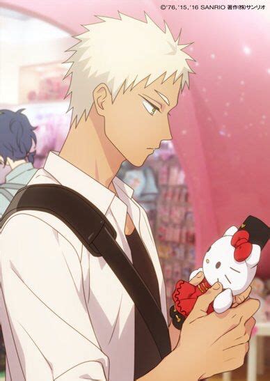 An Anime Character Holding A Hello Kitty Doll In His Hand And Looking