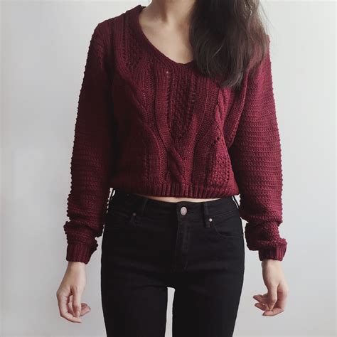 Lace Up Back Cropped Knit Sweater Maroon · Megoosta Fashion · Free