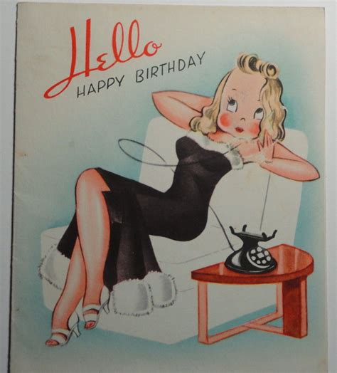 Vintage Mid Century Birthday Card Sexy Lady In Fur Trimmed Gown Talks