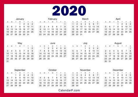 Print Free Calendar Horizontal 2020 Month Calendar Printable