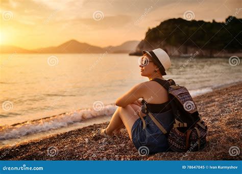 Woman Sitting On Pebble Beach Near Sea Stock Image Image Of Portrait Space