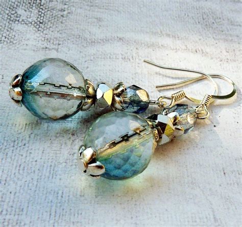 Aqua Blue Czech Glass Drop Earrings Antique Silver Bohemian Etsy