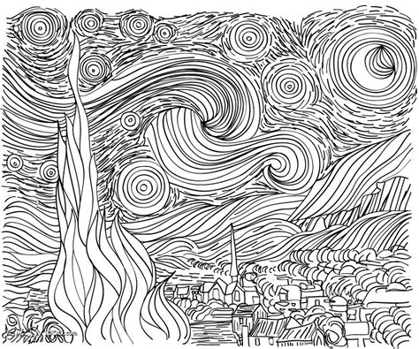 Van Gogh Starry Night Line Drawing Parallax Artwork Vincent Van Gogh