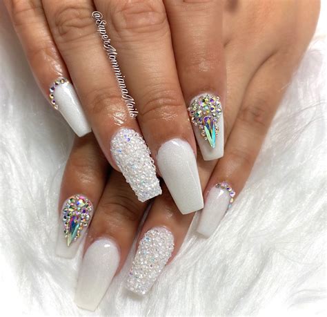 White Coffin Nails With Pixie Crystals Pixie Crystal Nails White