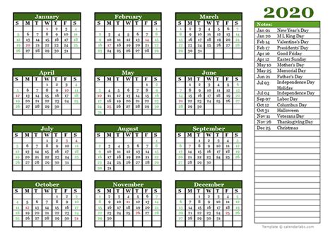 Editable 2020 Yearly Calendar Landscape Free Printable Templates