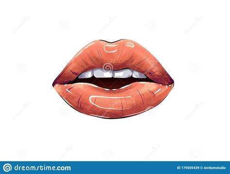 Hand Drawn Art Of Female Lips Parted Mouth Visible White Teeth Lip
