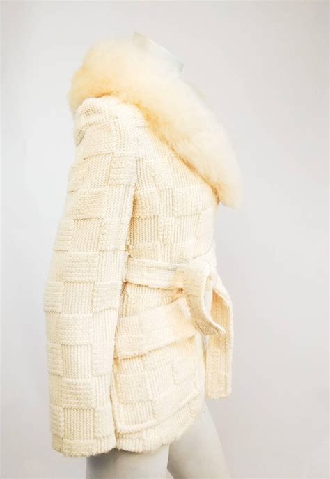 1970s Cream Sweater Knit Wrap Coat W Lamb Fur Collar For Sale At 1stdibs