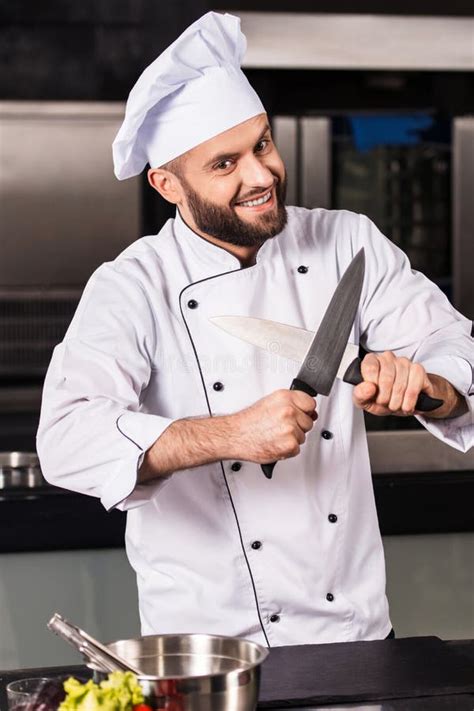 Chef With Knives At Kitchen Restaurant Professional Cook With Kitchen