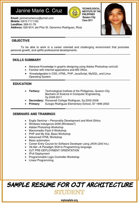The three most common resume formats are chronological, functional and combination. 6 Sample Resume for Ojt Architecture Student - Free Templates