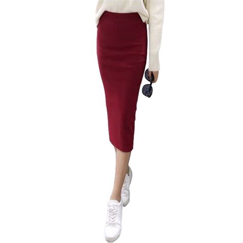 A Little Thick 2016 Autumn Sexy Chic Pencil Skirts Office Look Natural Waist Mid Calf Solid