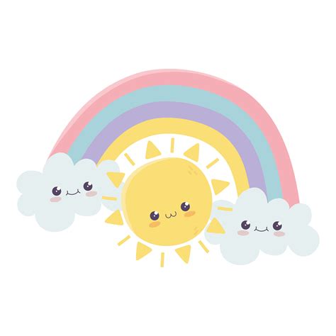 Lindo Sol Arco Iris Nubes Hola Kawaii Personaje De Dibujos Animados