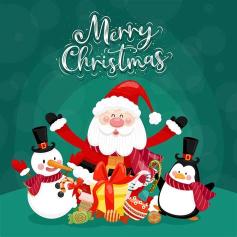 Cartão De Feliz Natal Com Caixa De Papai Noel Boneco De Neve Pinguim